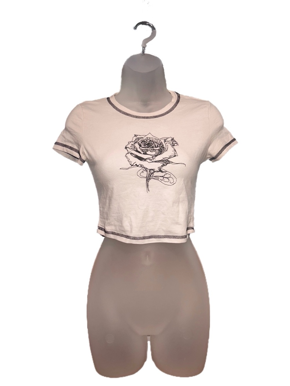 White Cropped Tee with Black Rose Sketch